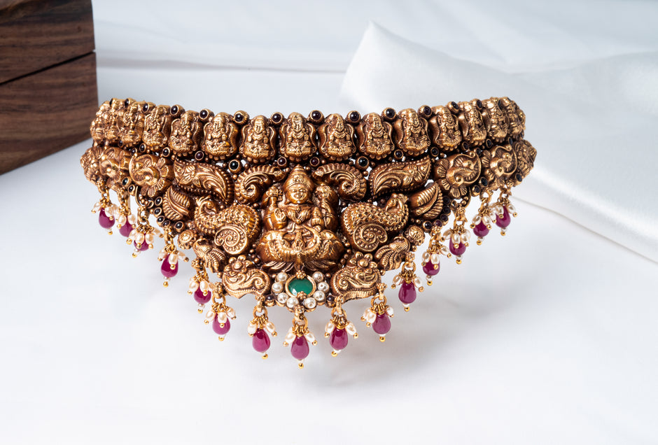 Lakshmi Peacock Gold-Plated 925 Silver Temple Choker Necklace
