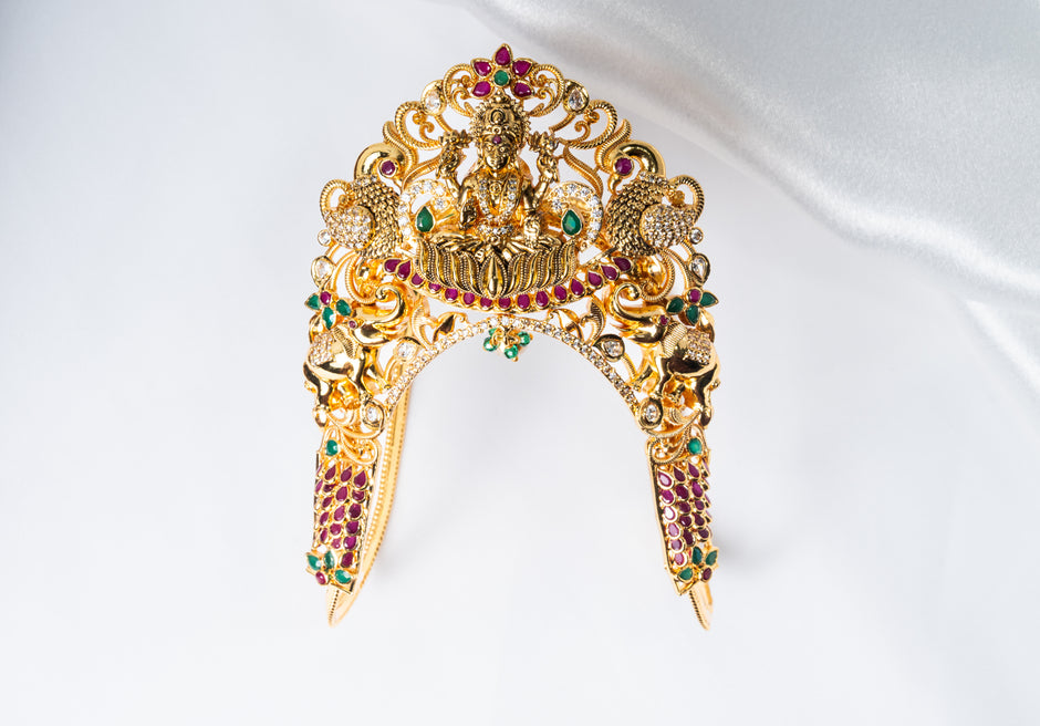 Lakshmi Peacock Gold-Plated 925 Silver Ruby Emerald Vanki Armlet