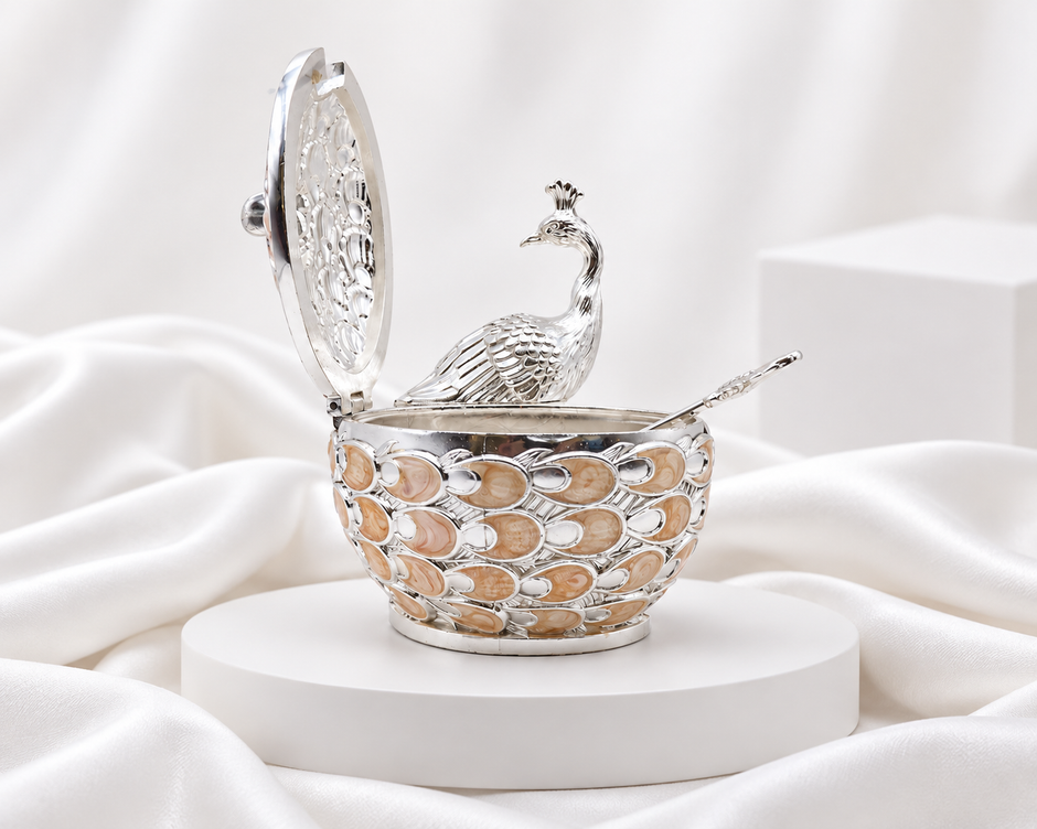 Silver Finish Peacock Bowl with Lid & Peach Feather Detailing