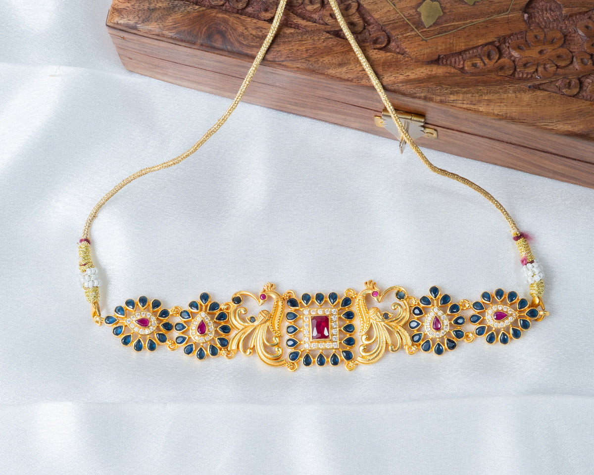 Gold-Plated Peacock Choker Necklace with Ruby & Blue Stone Work