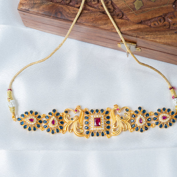Gold-Plated Peacock Choker Necklace with Ruby & Blue Stone Work