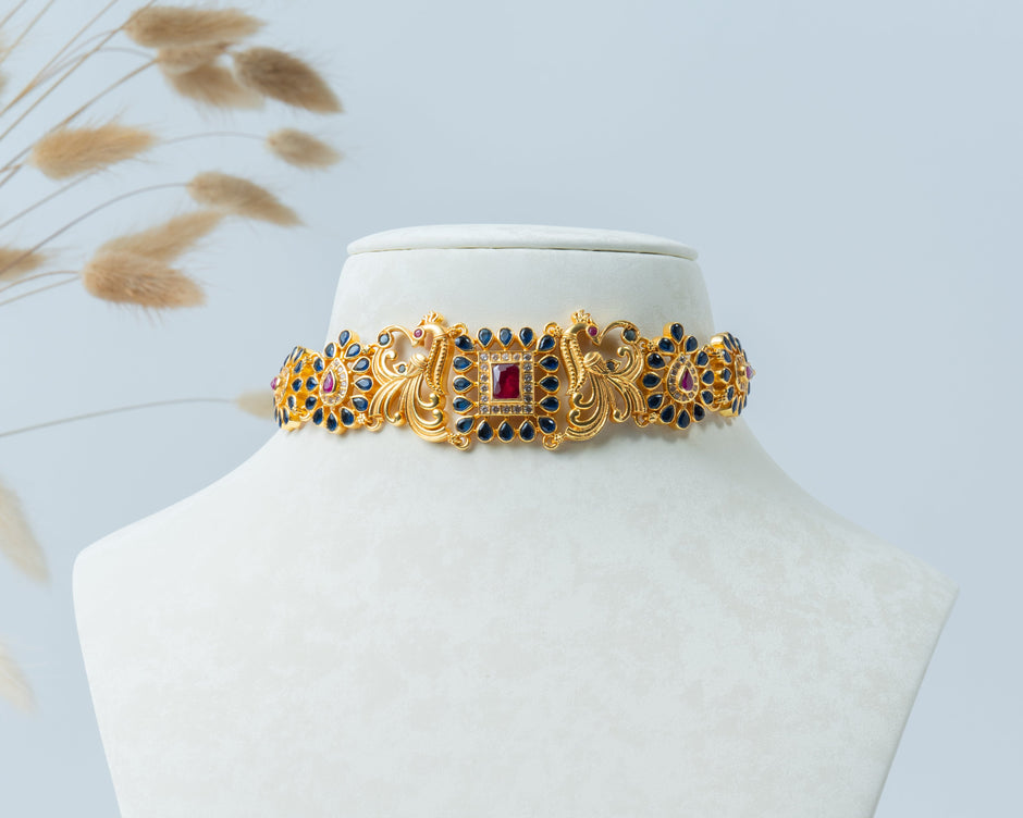 Gold-Plated Peacock Choker Necklace with Ruby & Blue Stone Work