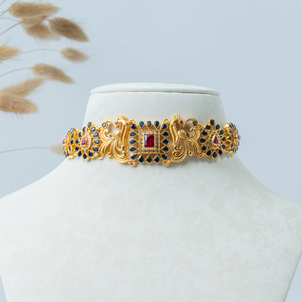 Gold-Plated Peacock Choker Necklace with Ruby & Blue Stone Work