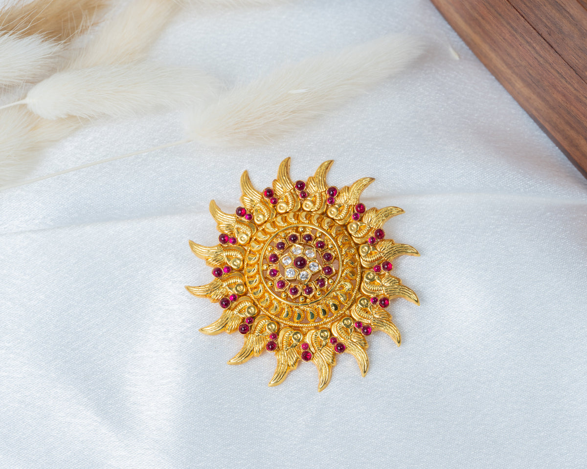 Gold-Plated Sunburst Temple Pendant with Ruby & White Stones