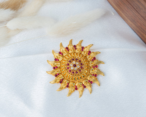 Gold-Plated Sunburst Temple Pendant with Ruby & White Stones