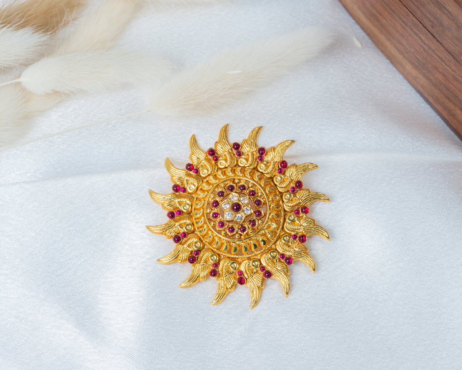 Gold-Plated Sunburst Temple Pendant with Ruby & White Stones