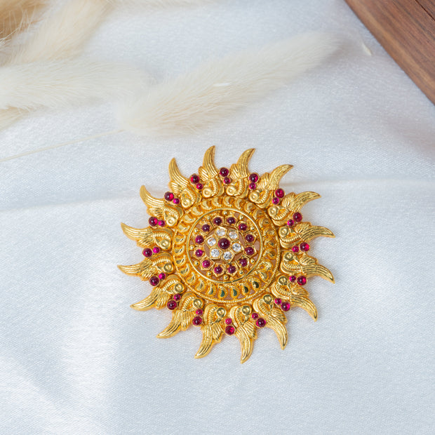 Gold-Plated Sunburst Temple Pendant with Ruby & White Stones