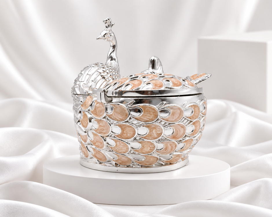 Silver Finish Peacock Bowl with Lid & Peach Feather Detailing