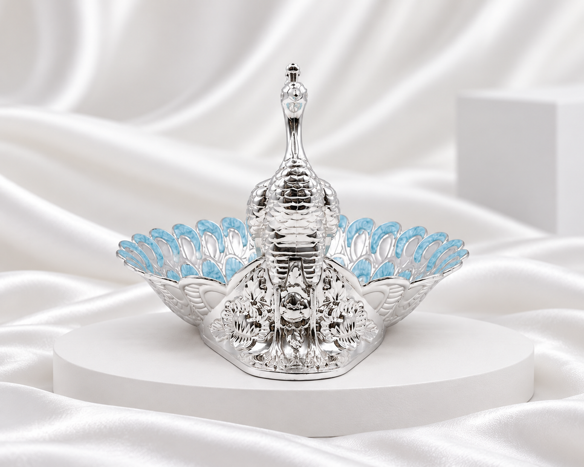 Silver Plated Peacock Decorative Bowl with Blue Feather Detailing
