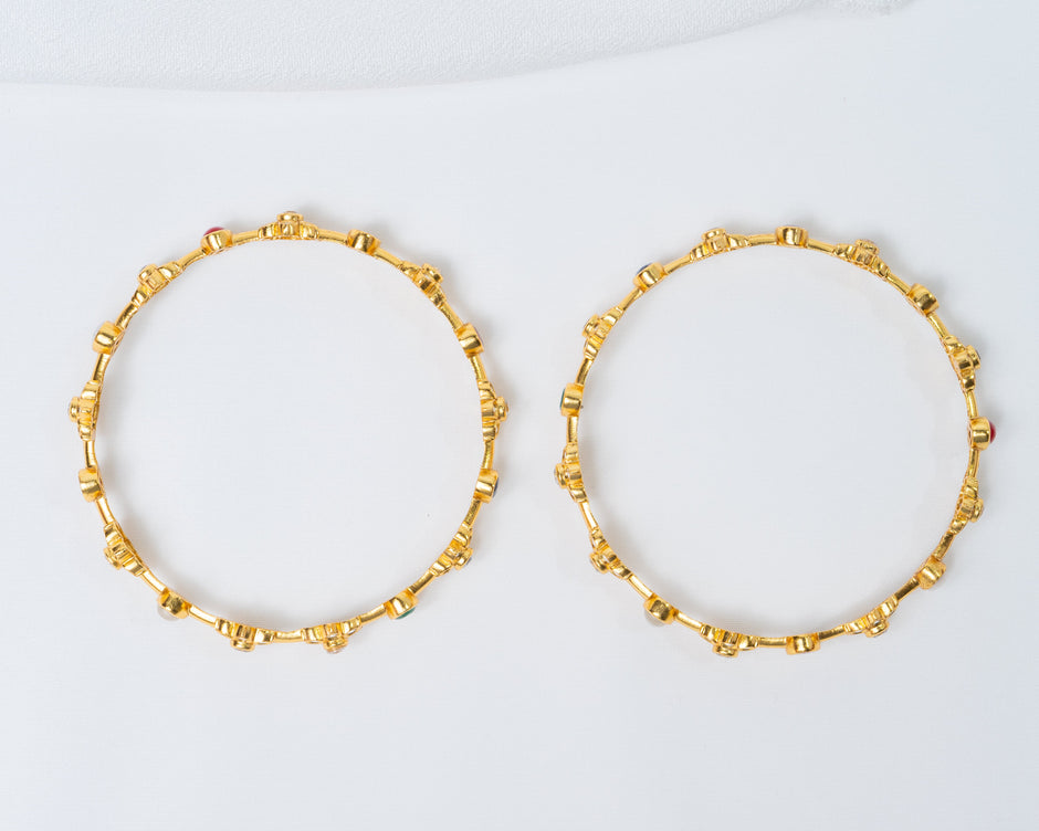 Gold-Plated Navratna Floral Stone Bangles with White Crystal Accents