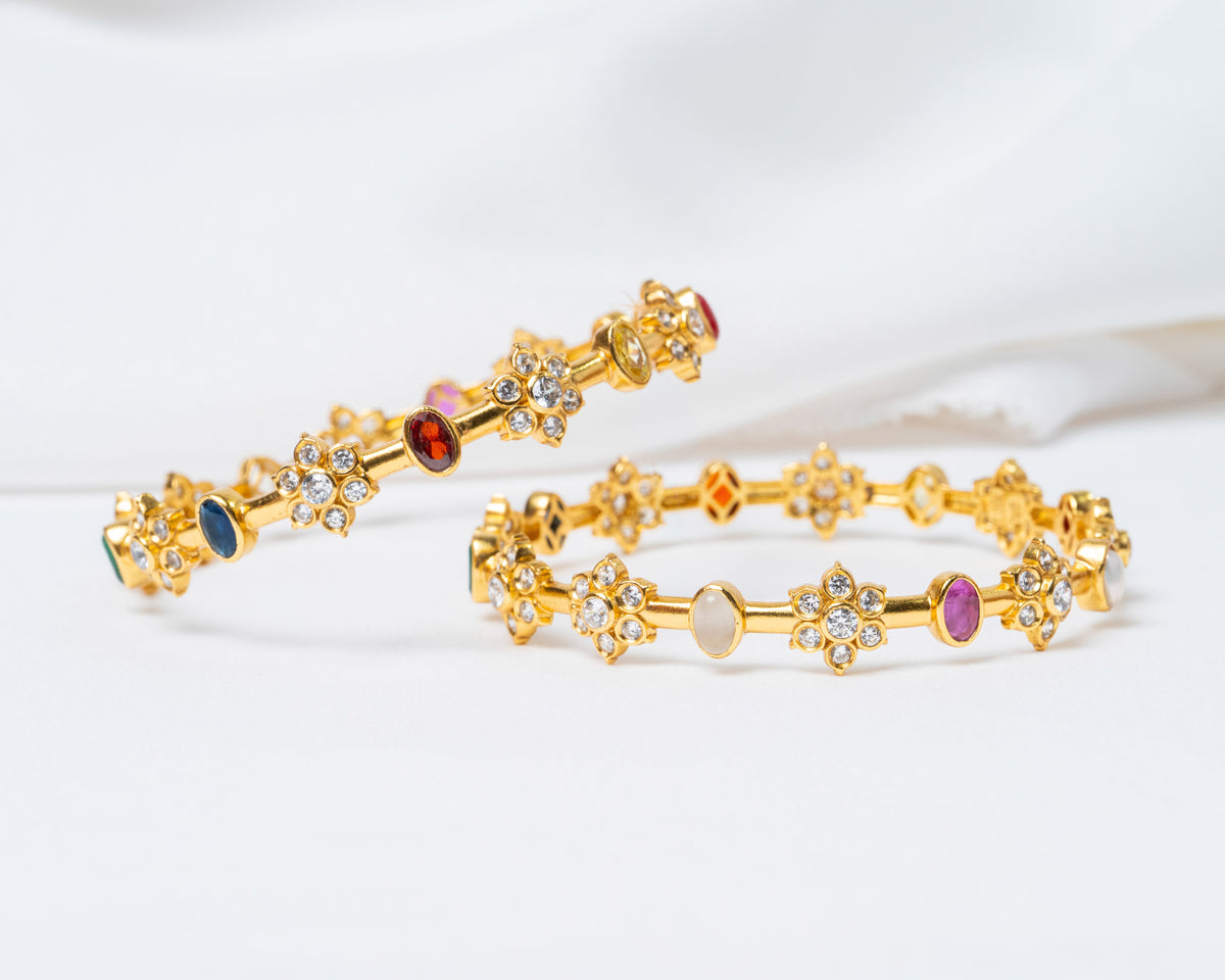 Gold-Plated Navratna Floral Stone Bangles with White Crystal Accents