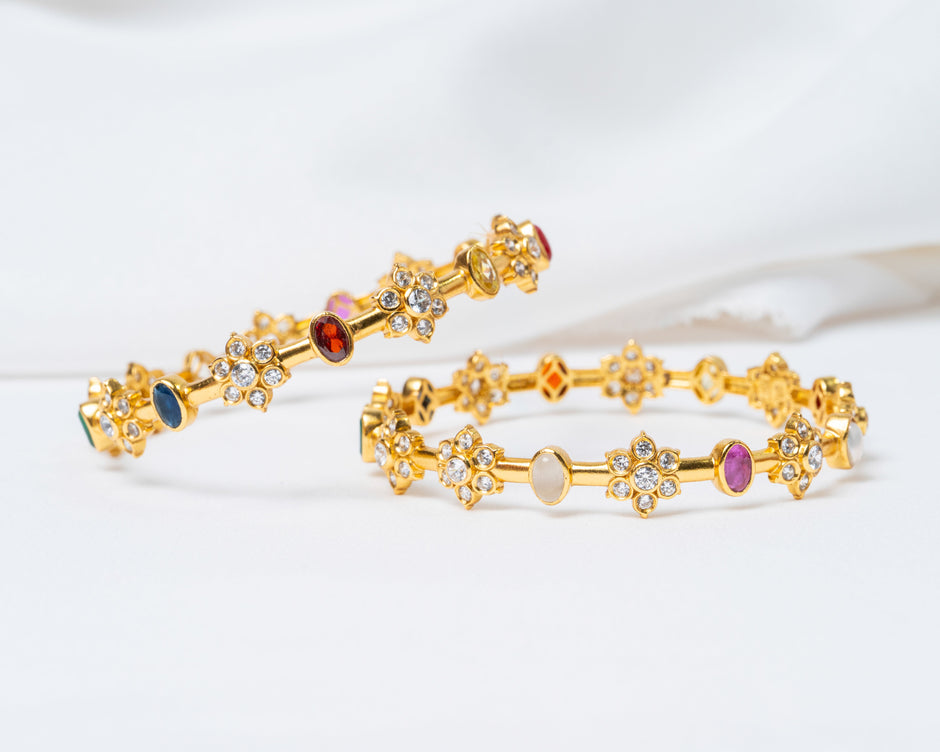 Gold-Plated Navratna Floral Stone Bangles with White Crystal Accents