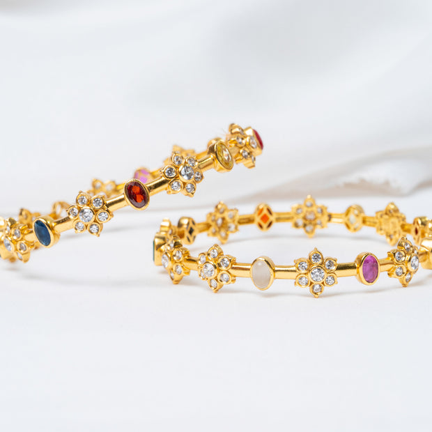 Gold-Plated Navratna Floral Stone Bangles with White Crystal Accents