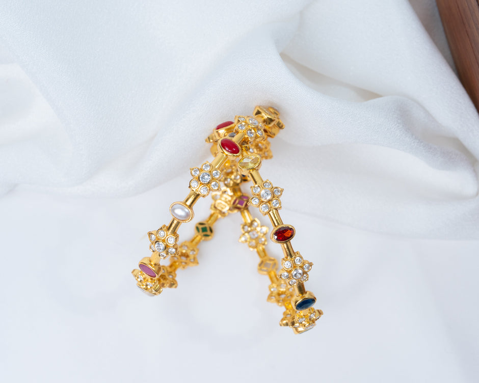 Gold-Plated Navratna Floral Stone Bangles with White Crystal Accents