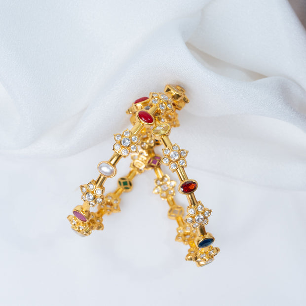 Gold-Plated Navratna Floral Stone Bangles with White Crystal Accents