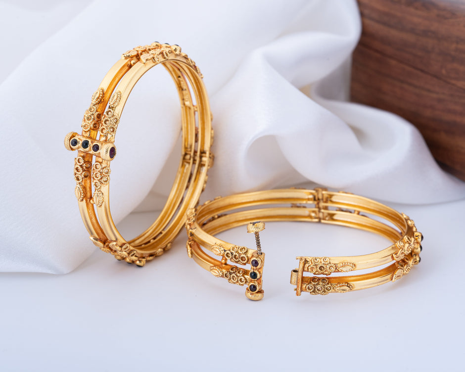 Traditional Gold-Plated Floral Design Openable Bangles with Ruby Stone Accents