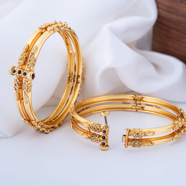 Traditional Gold-Plated Floral Design Openable Bangles with Ruby Stone Accents