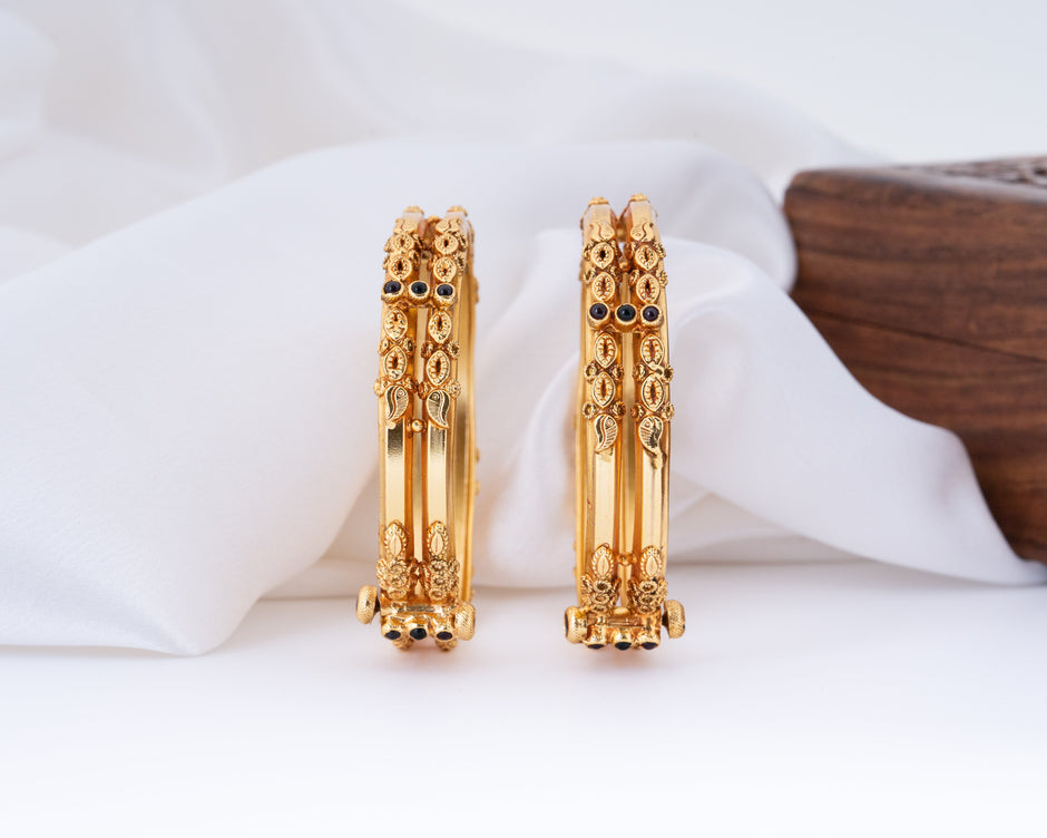 Traditional Gold-Plated Floral Design Openable Bangles with Ruby Stone Accents