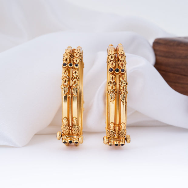 Traditional Gold-Plated Floral Design Openable Bangles with Ruby Stone Accents
