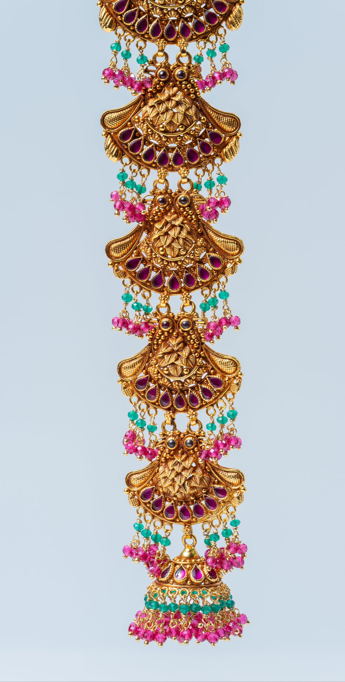 Antique Gold-Plated Lakshmi Temple Bridal Hair Jada with Multicolor Beads