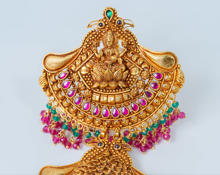 Antique Gold-Plated Lakshmi Temple Bridal Hair Jada with Multicolor Beads