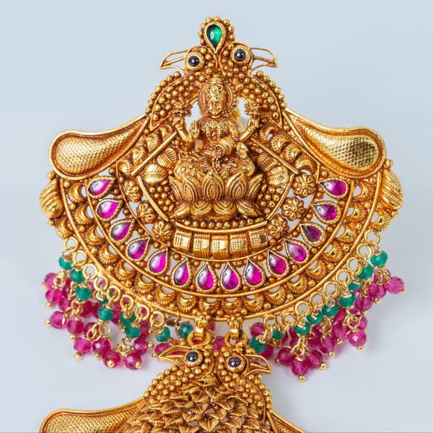 Antique Gold-Plated Lakshmi Temple Bridal Hair Jada with Multicolor Beads