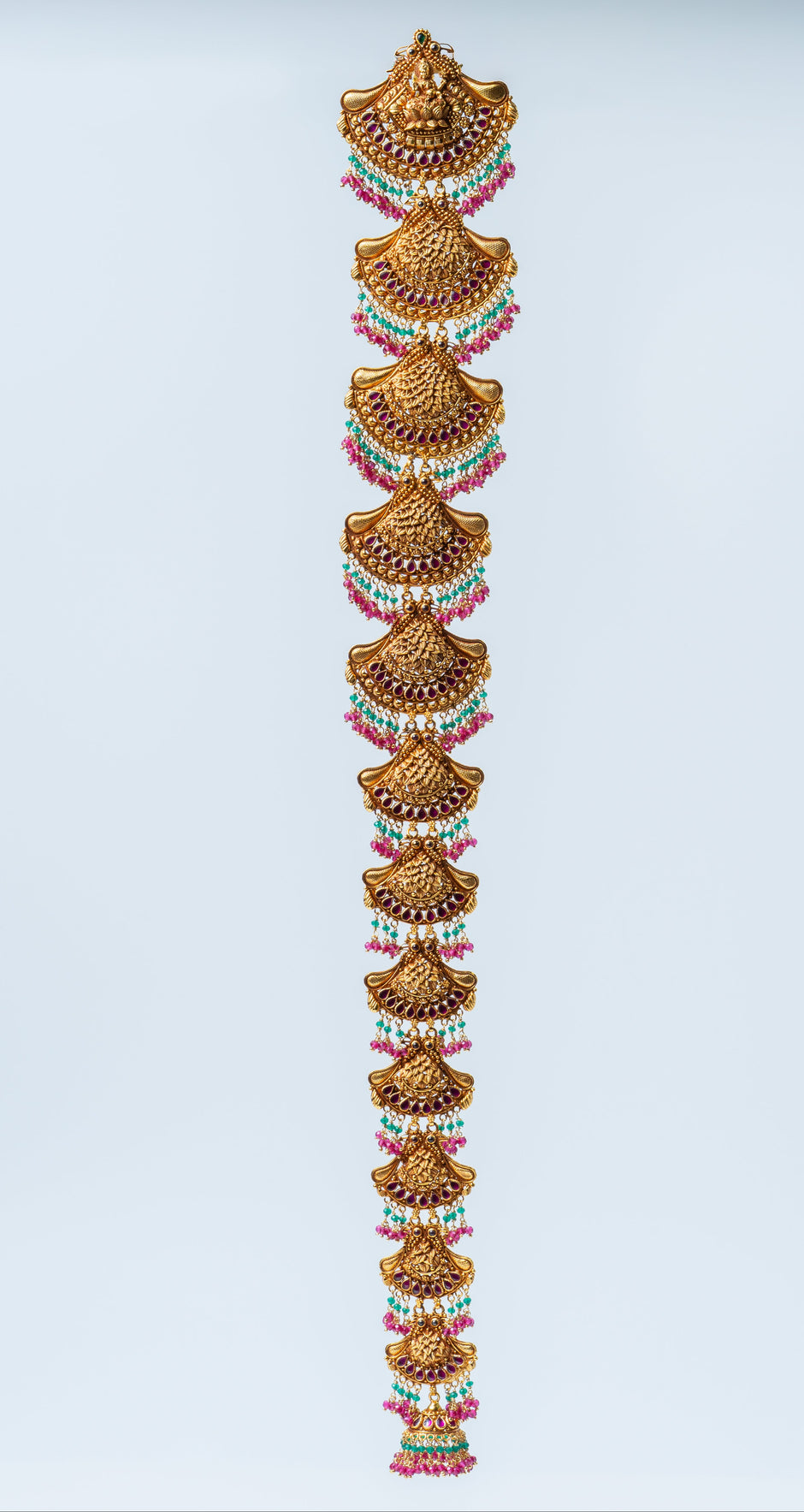 Antique Gold-Plated Lakshmi Temple Bridal Hair Jada with Multicolor Beads