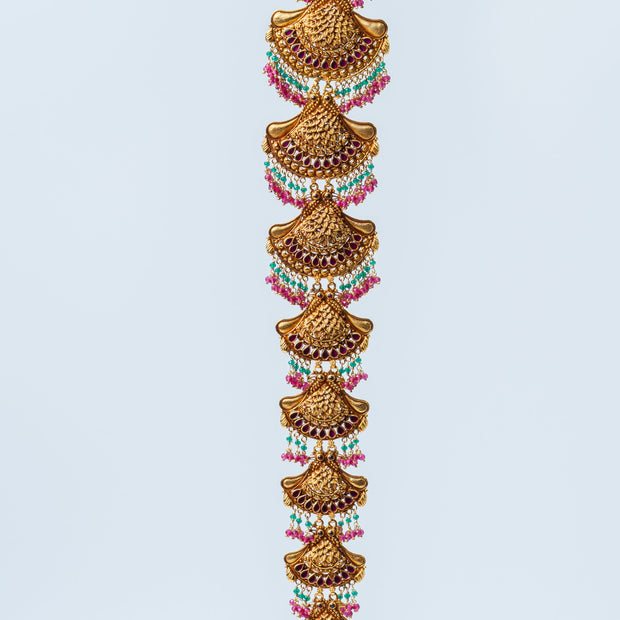 Antique Gold-Plated Lakshmi Temple Bridal Hair Jada with Multicolor Beads
