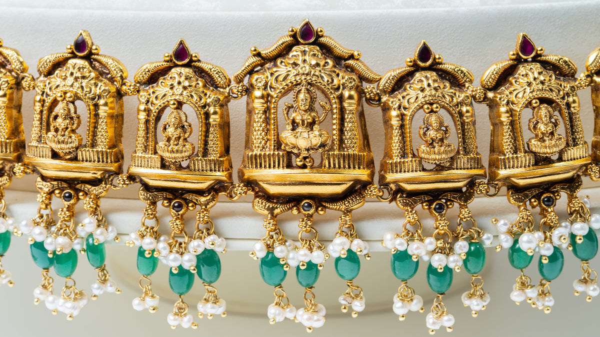 Antique Gold-Plated Temple Lakshmi Waist Belt with Green Beads & Pearls