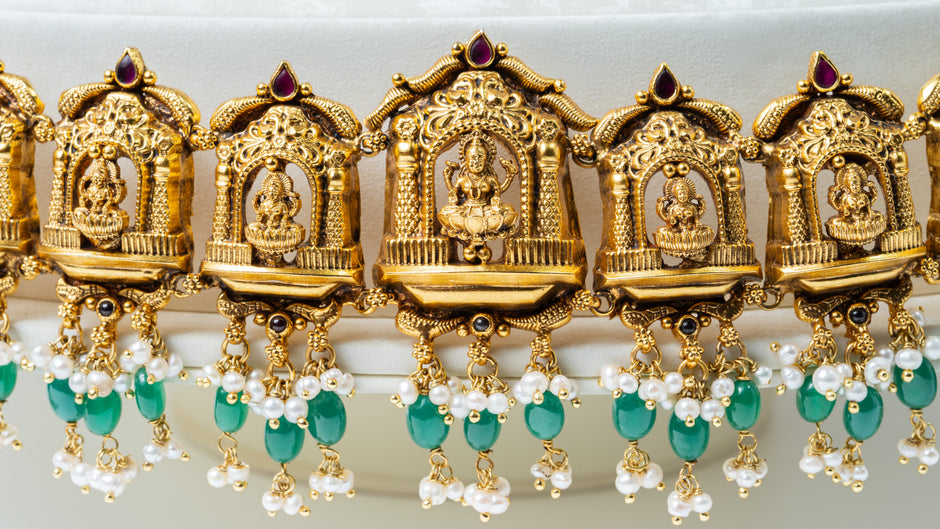 Antique Gold-Plated Temple Lakshmi Waist Belt with Green Beads & Pearls