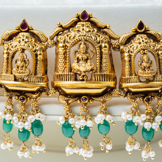 Antique Gold-Plated Temple Lakshmi Waist Belt with Green Beads & Pearls