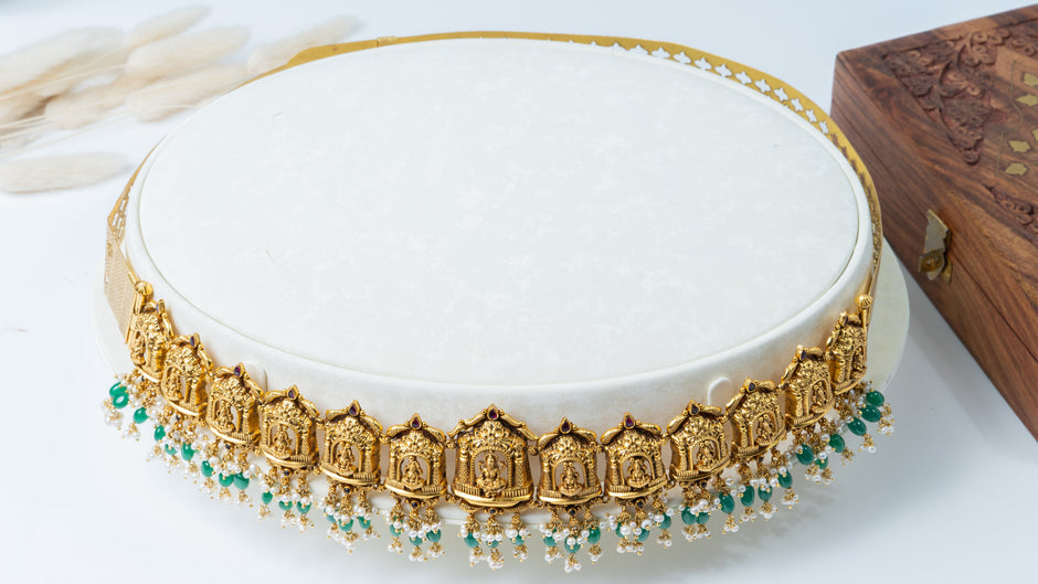 Antique Gold-Plated Temple Lakshmi Waist Belt with Green Beads & Pearls