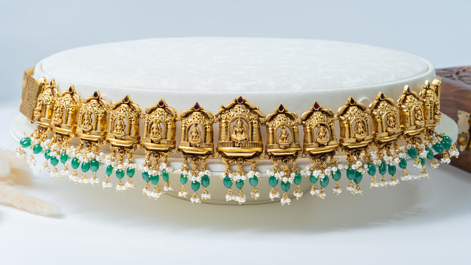 Antique Gold-Plated Temple Lakshmi Waist Belt with Green Beads & Pearls