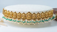 Antique Gold-Plated Temple Lakshmi Waist Belt with Green Beads & Pearls