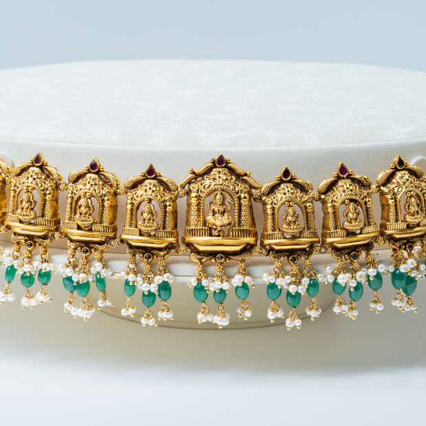Antique Gold-Plated Temple Lakshmi Waist Belt with Green Beads & Pearls
