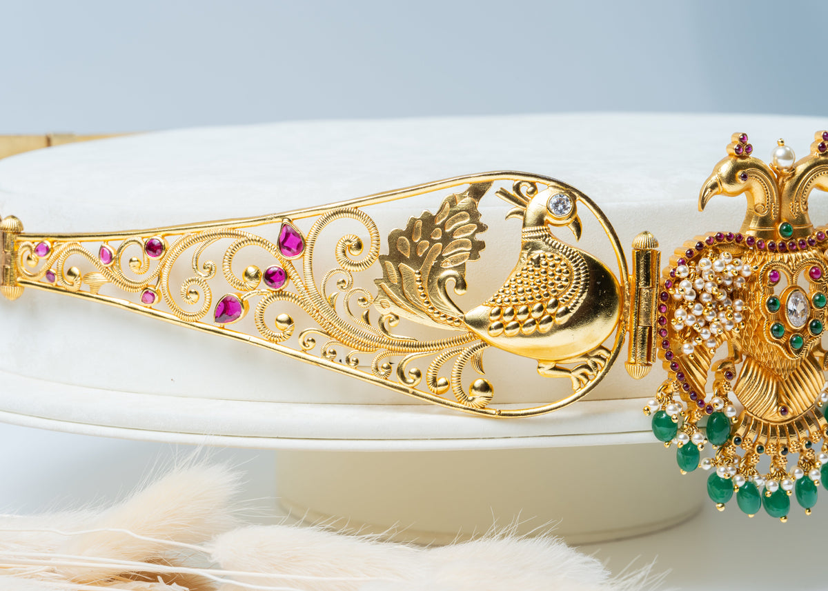 Gold-Plated Double Peacock Bridal Waist Belt with Green Beads & Ruby Stones