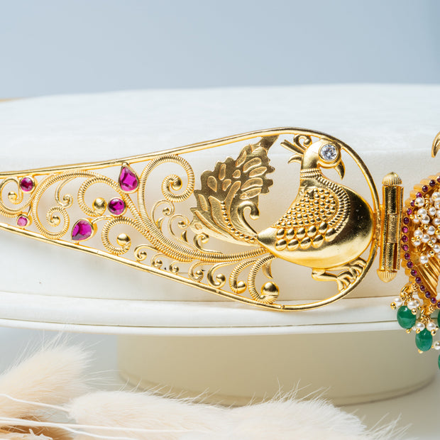 Gold-Plated Double Peacock Bridal Waist Belt with Green Beads & Ruby Stones