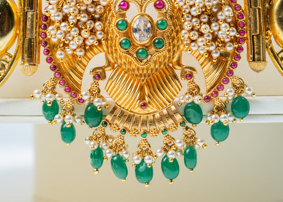 Gold-Plated Double Peacock Bridal Waist Belt with Green Beads & Ruby Stones