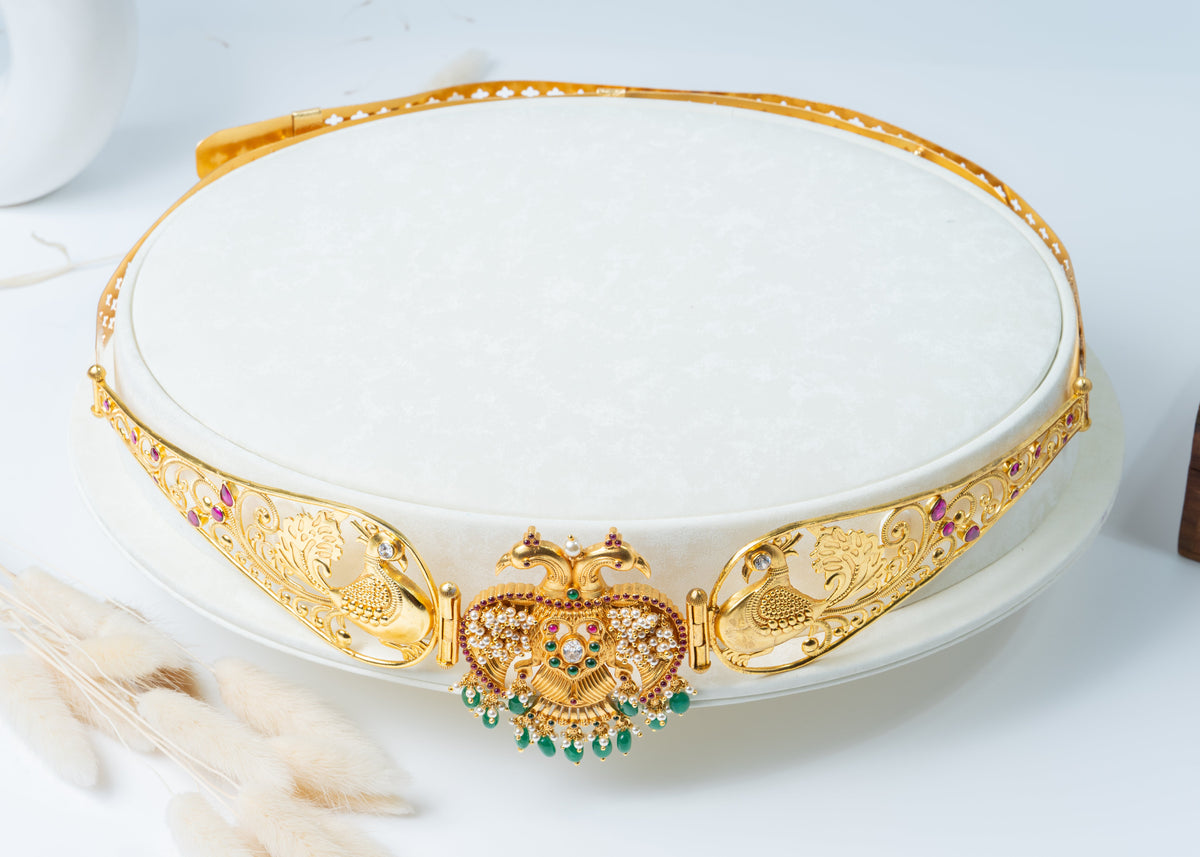 Gold-Plated Double Peacock Bridal Waist Belt with Green Beads & Ruby Stones