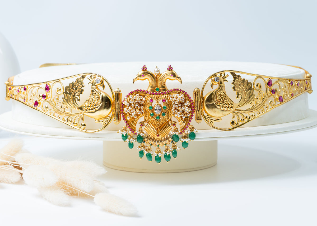 Gold-Plated Double Peacock Bridal Waist Belt with Green Beads & Ruby Stones