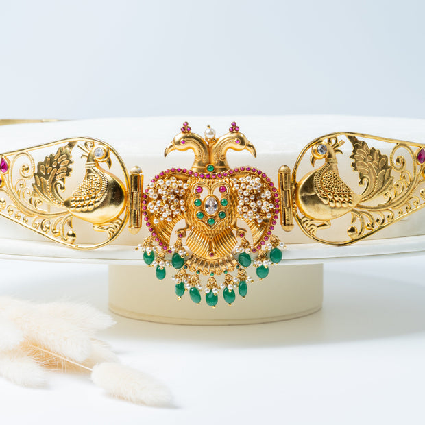 Gold-Plated Double Peacock Bridal Waist Belt with Green Beads & Ruby Stones
