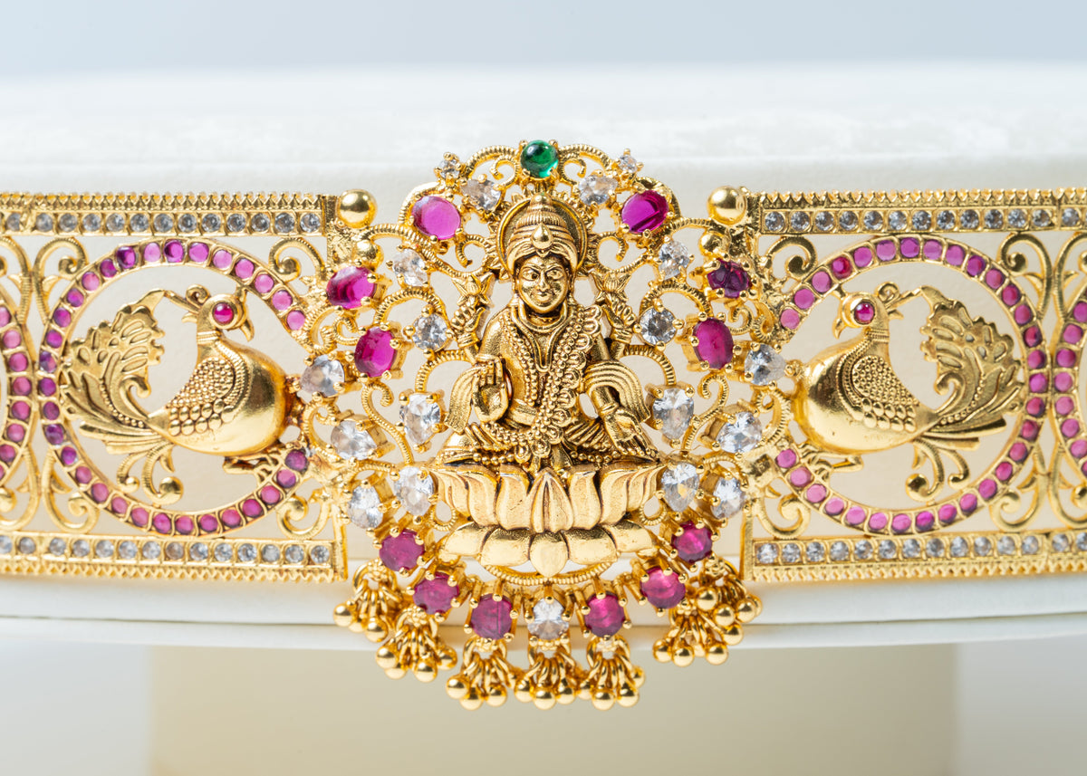 Gold-Plated Lakshmi Peacock Bridal Waist Belt with Ruby & White Stones
