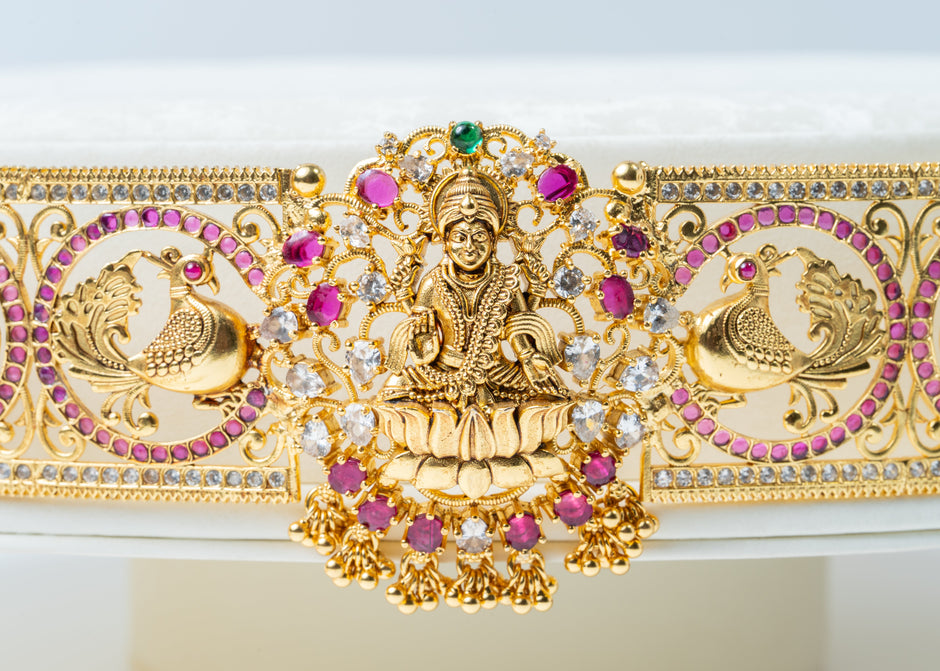 Gold-Plated Lakshmi Peacock Bridal Waist Belt with Ruby & White Stones