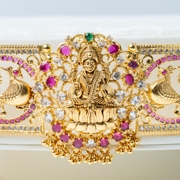 Gold-Plated Lakshmi Peacock Bridal Waist Belt with Ruby & White Stones
