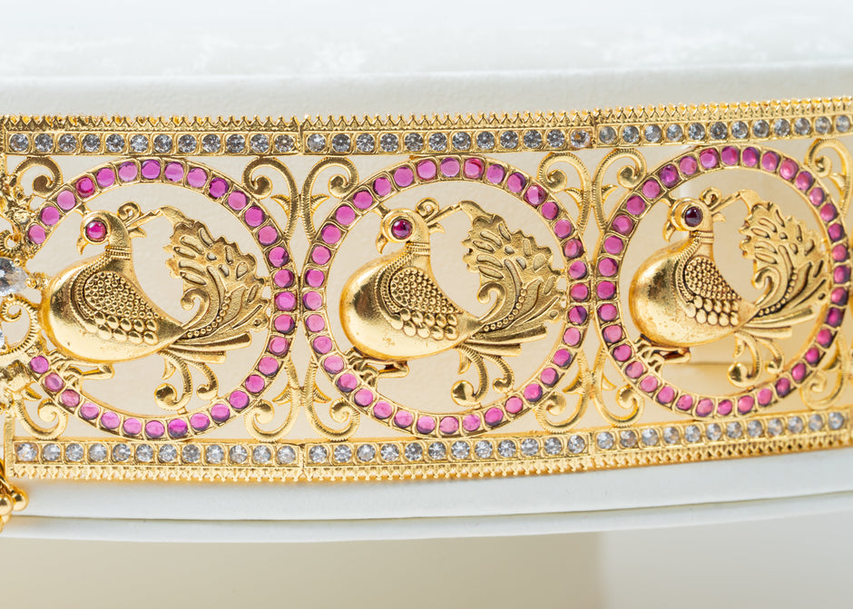 Gold-Plated Lakshmi Peacock Bridal Waist Belt with Ruby & White Stones