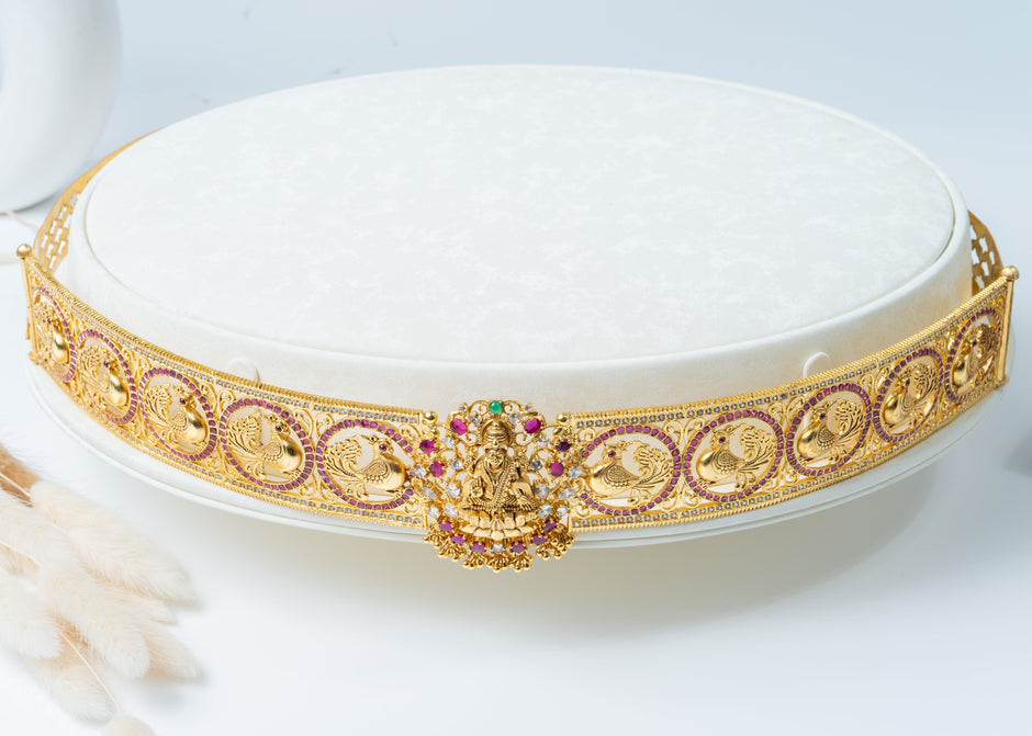 Gold-Plated Lakshmi Peacock Bridal Waist Belt with Ruby & White Stones