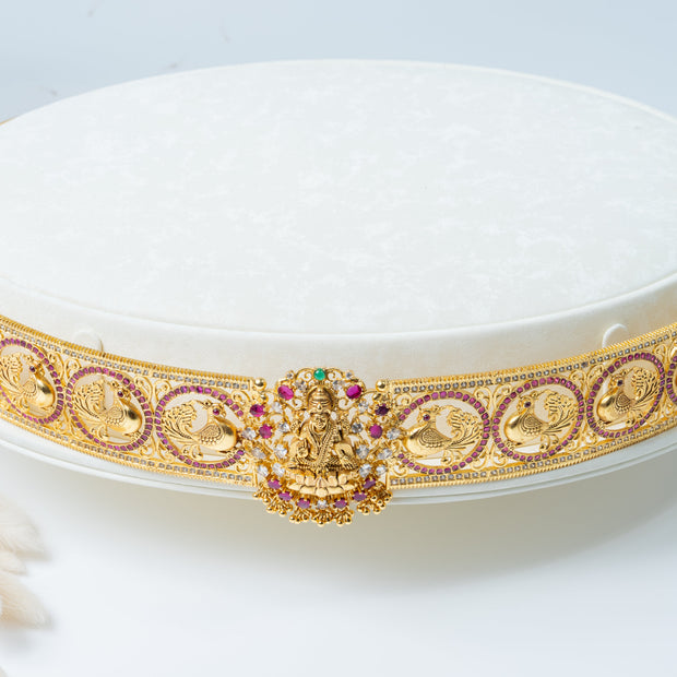 Gold-Plated Lakshmi Peacock Bridal Waist Belt with Ruby & White Stones