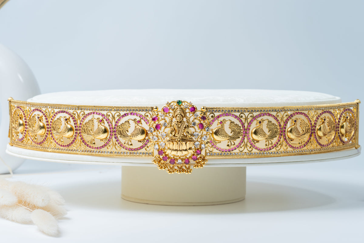 Gold-Plated Lakshmi Peacock Bridal Waist Belt with Ruby & White Stones