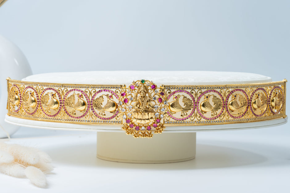 Gold-Plated Lakshmi Peacock Bridal Waist Belt with Ruby & White Stones