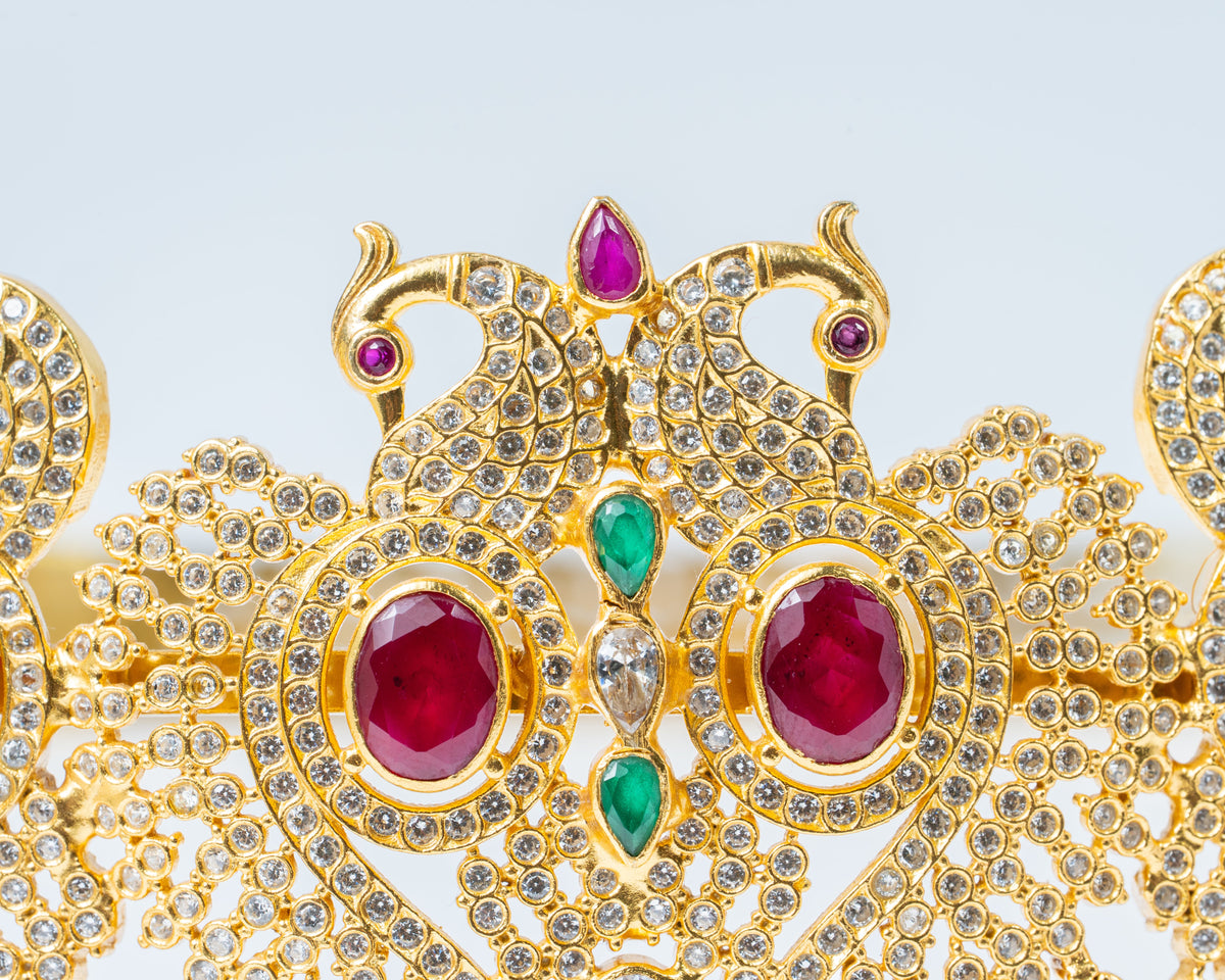 Gold-Plated Peacock Design Bridal Waist Belt with Ruby & Green Stones
